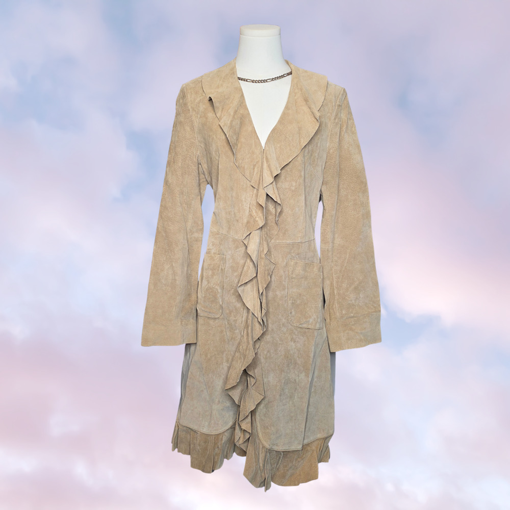 Boston Proper Genuine Leather Boho Festival Hippie Ruffle Neutral Tan Long Coat